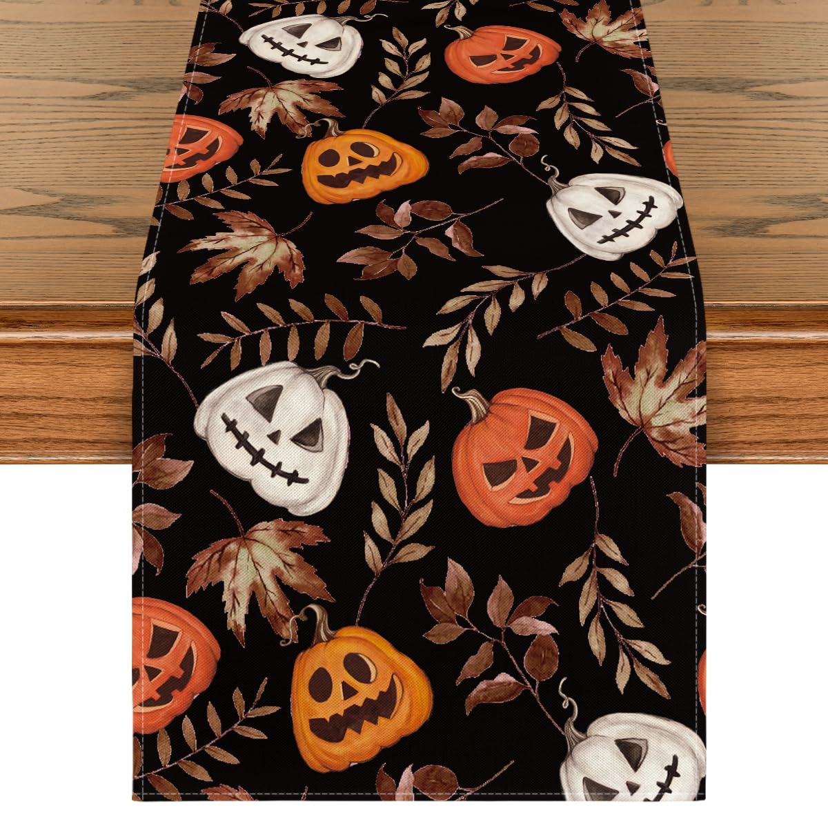 Artoid Mode Jack-O'-Lantern Pumpkin Leaves Black Halloween Table Runner, Holiday Kitchen Dining Table Decoration for Home Party Decor 13 x 72 Inch