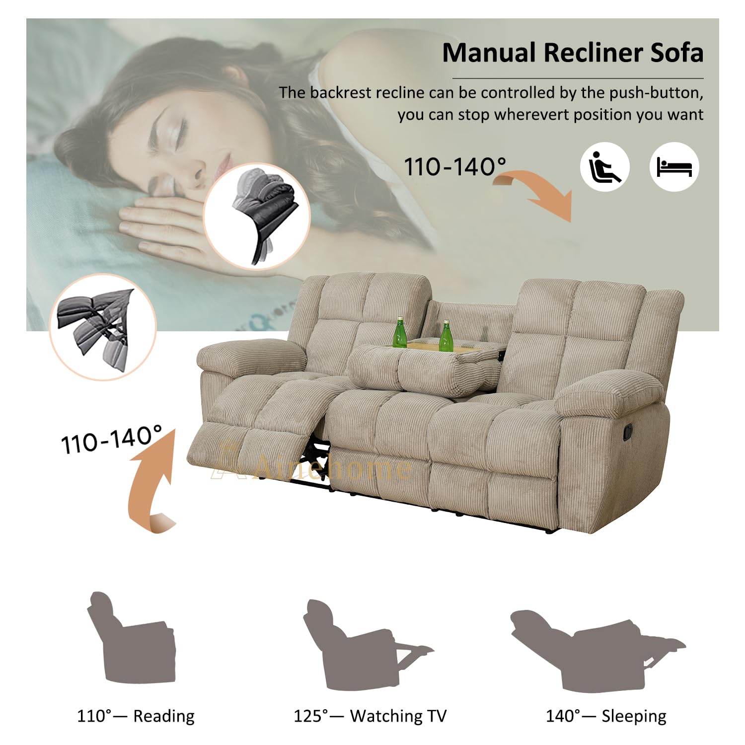 A Ainehome Manual Recliner Sofa Set, Corduroy Recliner Chair, Modern Loveseat Sofa, Modern Reclining Sofa Couch and Recliner Couches for Living Room/Office(Sofa+Loveseat, Beige)