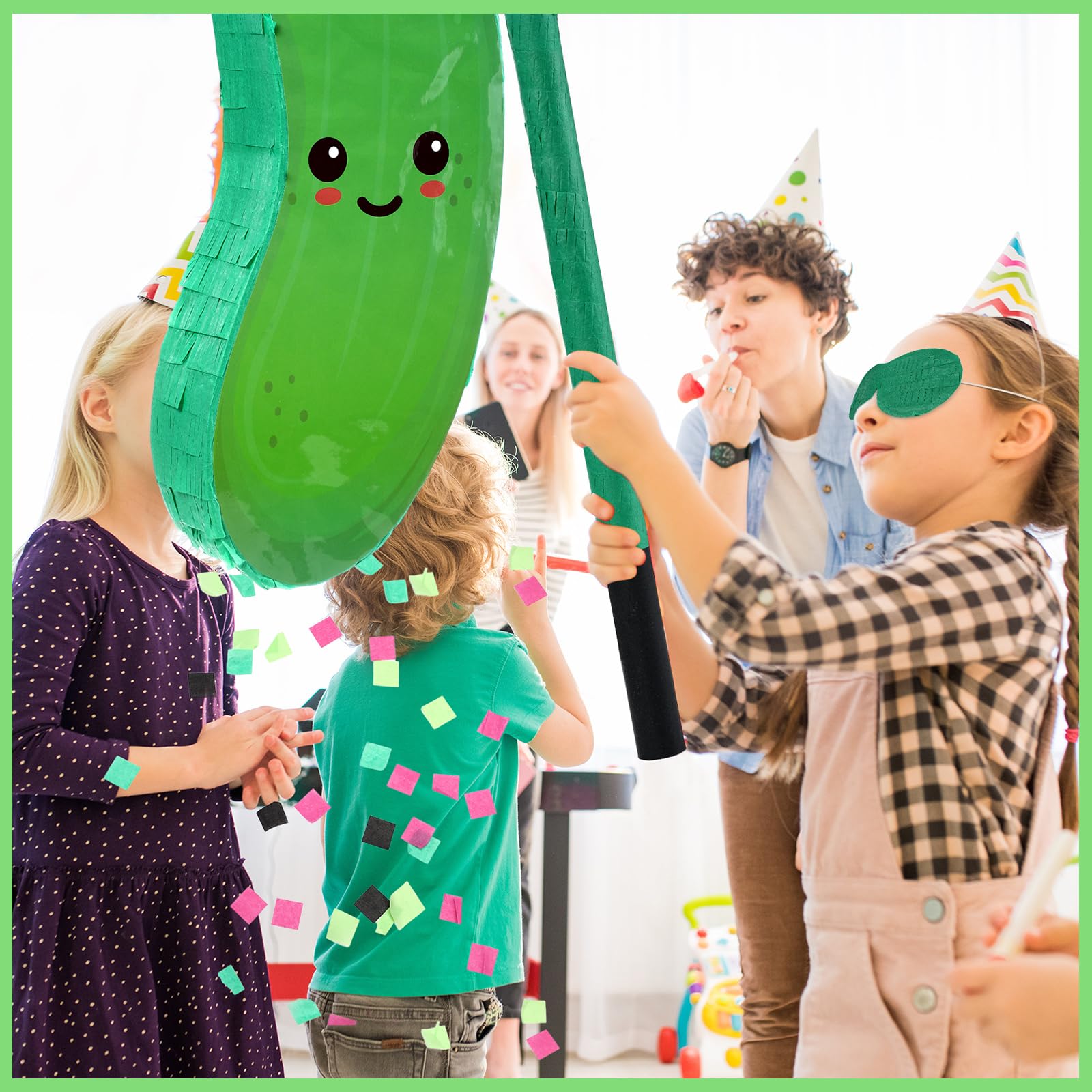 Sonwyoung Pickle Piñata for Kids Birthday Party 15.7 x 6.7 x 2.8 Inches Cucumber Theme Piñata with Bat Blindfold and Confetti for Baby Shower Photo Props Cinco De Mayo Fiesta Decoration