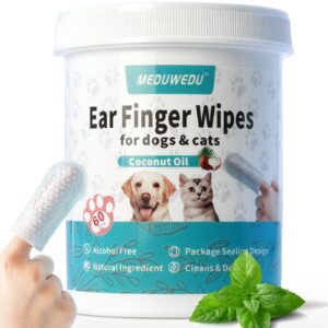 meduwedu ear cleaner finger wipes 60 counts, dog ear cleaner, grooming kit care for dogs and cats, soft & easy otic cleaning pads, remove wax, dirt & stop smelly, itchy, non-irritating, mint scent