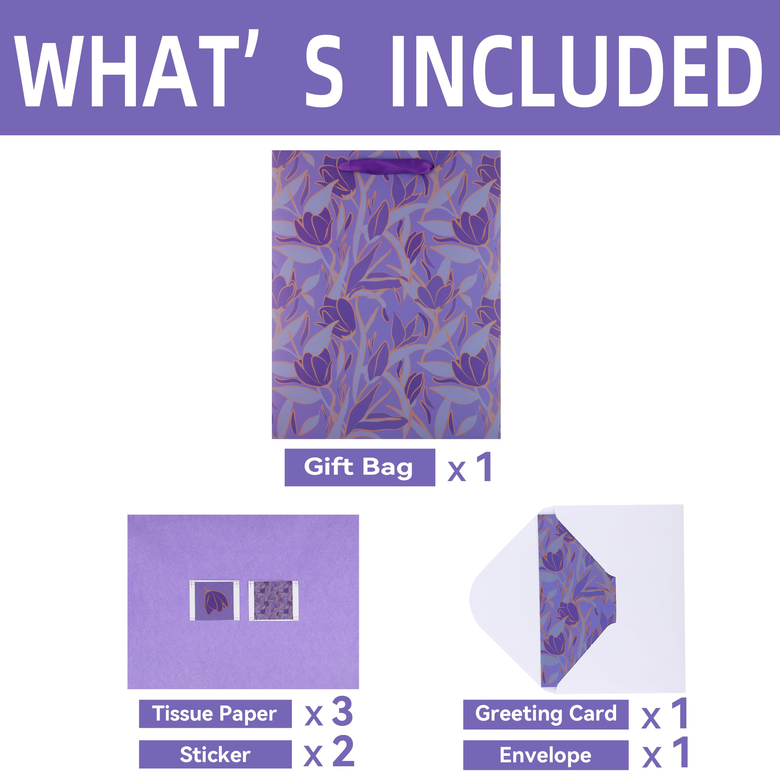 Qirrmiy 13” Large Purple Gift Bag Set with Greeting Card and Tissue Paper (Purple Flowers Design) for Celebrating Birthdays, Mother's Day, Weddings, Anniversaries - 10.2”x5.2”x13”, 1 Pcs.