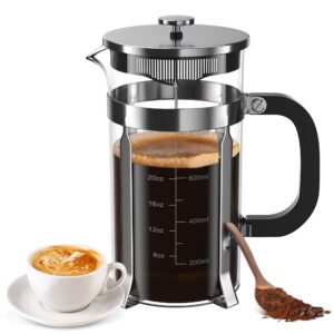 french press coffee maker, 34 ounce 1 liter, stainless steel, cold brew heat resistant borosilicate glass espresso coffee & tea maker with 4 filter