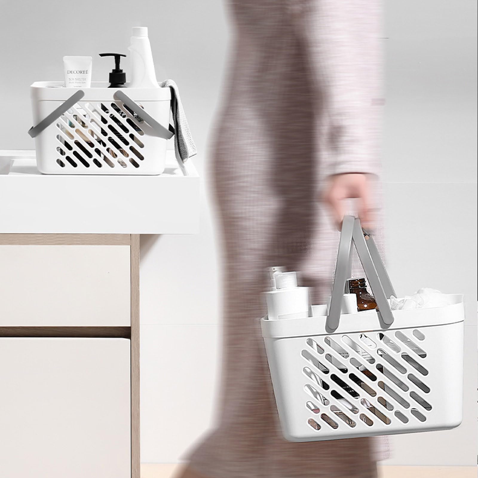 GMBYLBY Bath Basket With Handle Storage Organization Hollow Draining Container For Home Bathroom Shampoo Lotion Holder Bath Basket