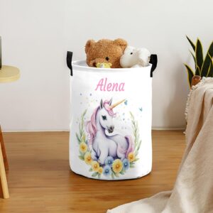 Custom Laundry Baskets with Name Personalized Laundry Hamper for Kids Adults Customized Collapsible Clothes Toys Storage Basket with Handle for Bathroom Living room Bedroom Unicorn