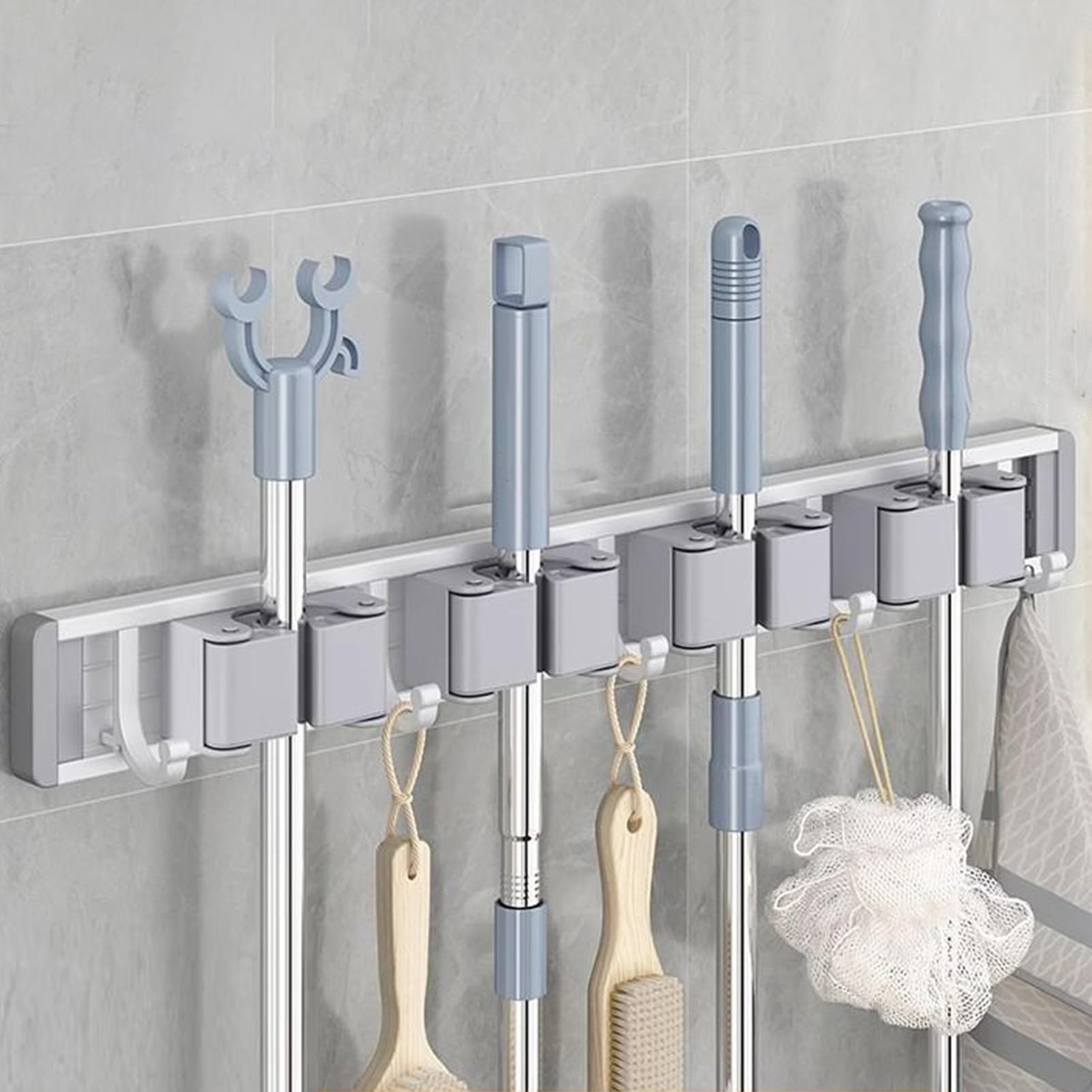 Qinlenyan Punch-Free Broom Organizer Anti-Slip Rollers Mop Holder Wall-Mounted with 5 Hooks Waterproof Anti-Skid Roller Design Strong Load Bearing Bathroom Silver L