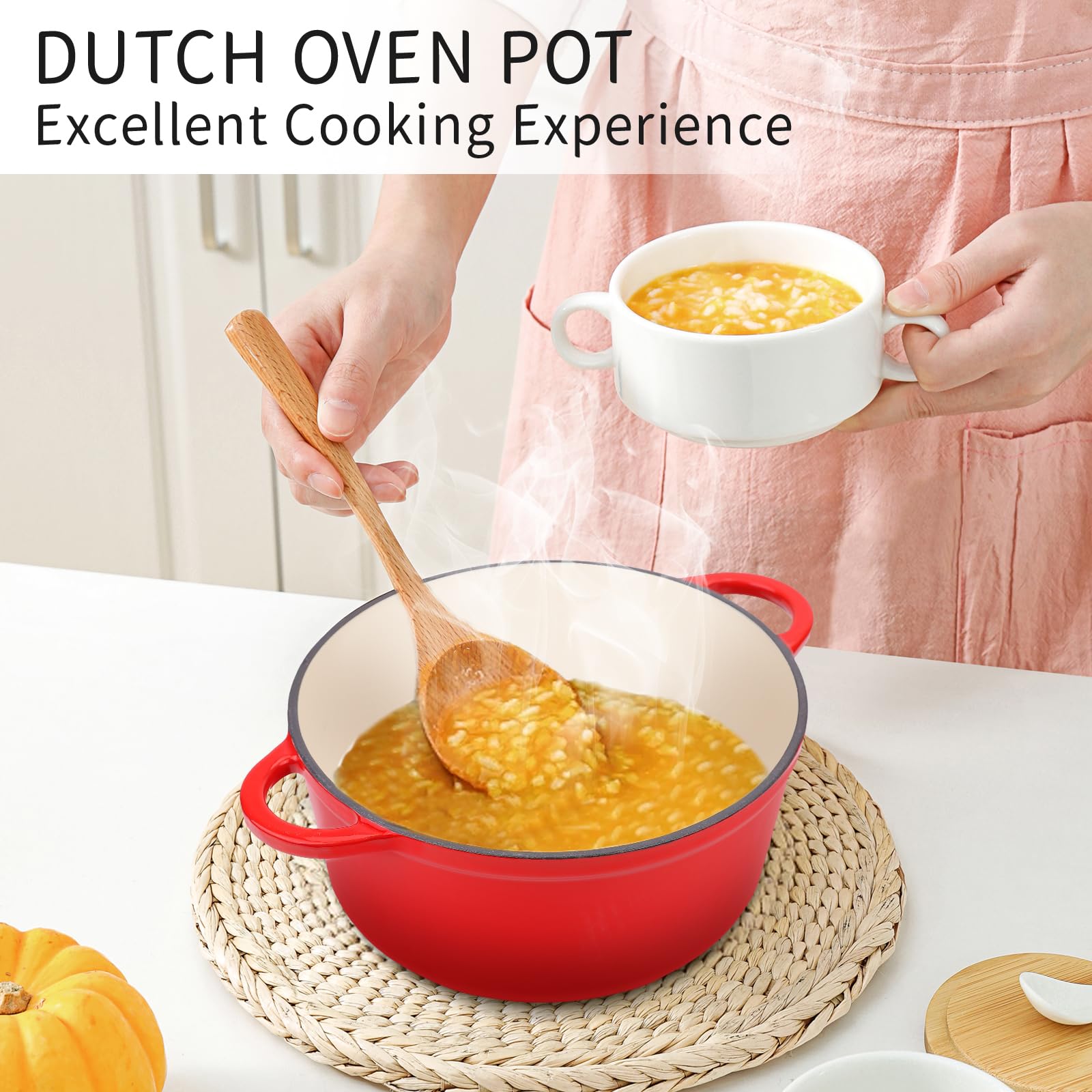 CookNexa 6 Quart Enameled Cast Iron Dutch Oven Pot with Lid and Silicone Accessories, Oven Safe up to 500°F or on Stovetop, Non-stick Dutch Oven for Bread Baking, Cooking, Dual Handles Cookware, Red