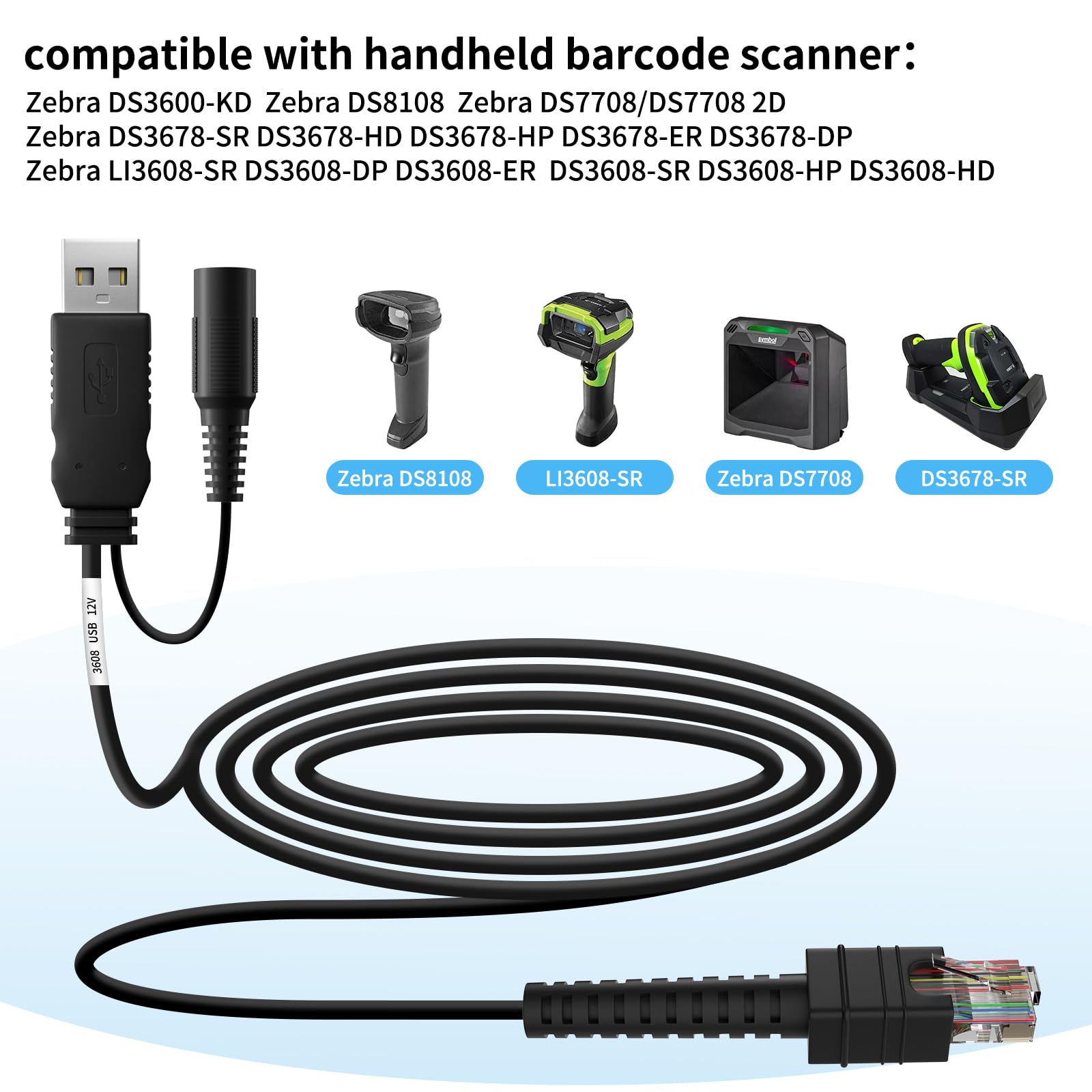 WUHAO USB Cable for Zebra DS3678-SR DS3678-DP LI3608 LI3678 DS3600 DS3608 DS8108 Barcode Scanner,CBA-U42-S07PAR USB Cable USB-A to RJ-45 3M/9.8FT Straight 12V (1)