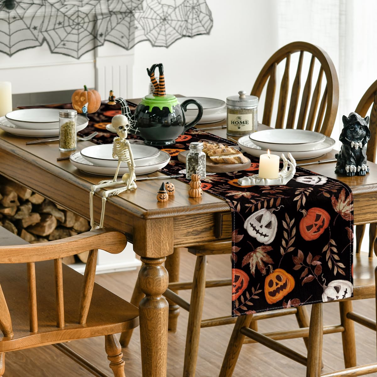 Artoid Mode Jack-O'-Lantern Pumpkin Leaves Black Halloween Table Runner, Holiday Kitchen Dining Table Decoration for Home Party Decor 13 x 72 Inch