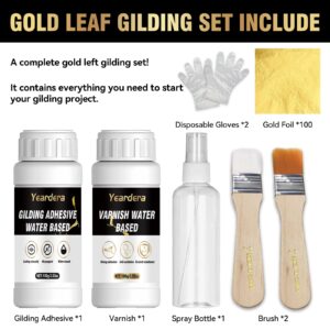 Yeardera Gold Leaf Kit, Gilding Adhesive Set, 100ml Water Based Adhesive and 100ml Varnish with Gold Leaf Sheet 100 pc, for Arts, Craft, Painting, Furniture and Decoration