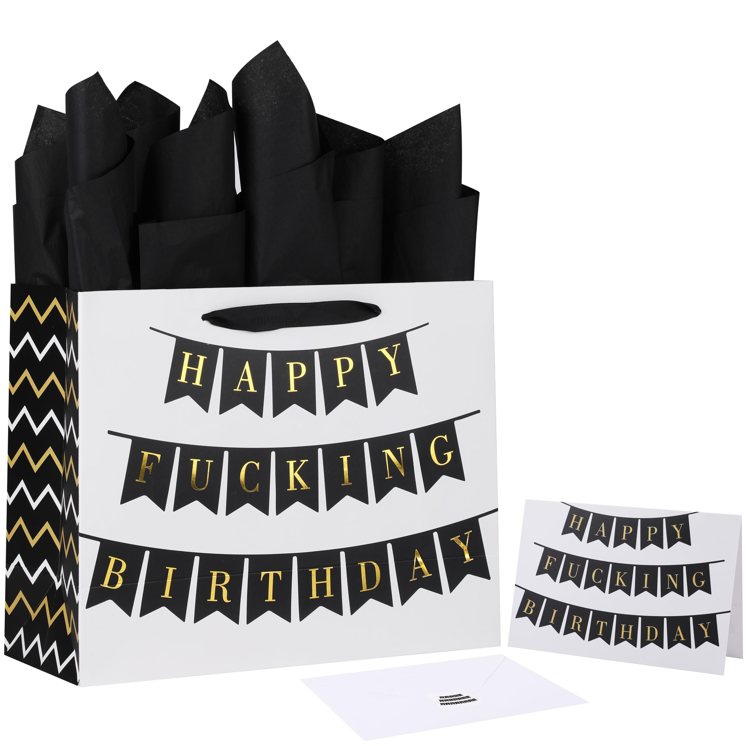 13" Large White Gift Bag Set with Greeting Card and Tissue Papers (Happy Fucking Birthday) for Women's or Men's Birthday Party, Funny Adult Humor Gift Bag - 13”x5.2”x10.2”,1 Pcs.