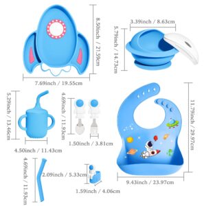 7 Pieces Silicone Baby Feeding Set, Food-Grade Astronaut Theme, Suction Plate and Bowl for Baby, Spoon, Fork, Bib, Cup, Straws, Baby Feeding Essentials for 6+ Months (Blue)