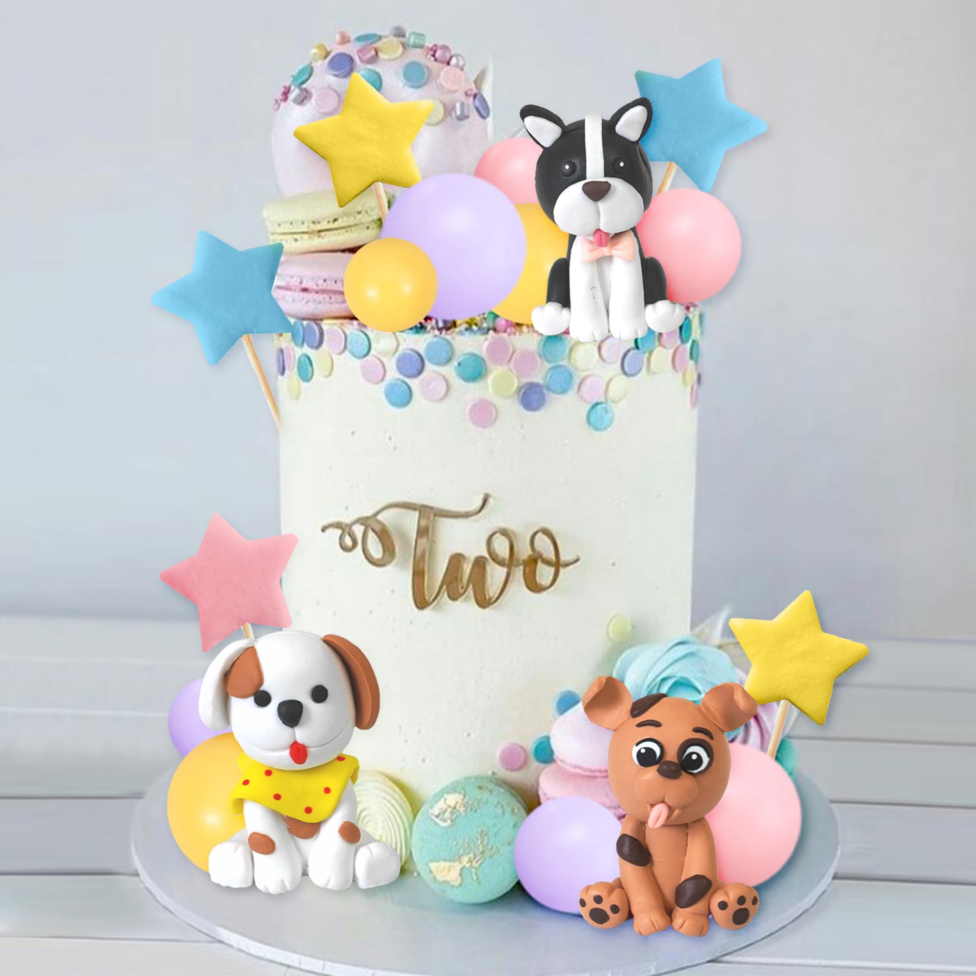 DRWATE Dog Cake Topper Clay Figurines Puppy Star Yellow Pink Purple Ball Cake Topper for Dog Theme Birthday Party Paw Cute Dog Pet Party Baby Shower Supplies (Style 01)