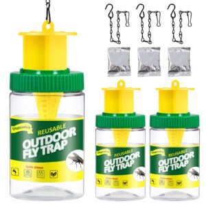 3 pack outdoor hanging fly trap bottles, reusable fly killer trap catcher jar with natural bait refill and tie included,fly repellent for outdoor use only - controls flies for patios,barns,ranches