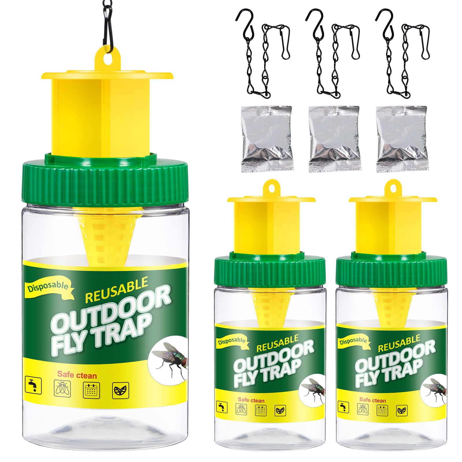 3 Pack Outdoor Hanging Fly Trap Bottles, Reusable Fly Killer Trap Catcher Jar with Natural Bait Refill and Tie Included,Fly Repellent for Outdoor Use Only - Controls Flies for Patios,Barns,Ranches