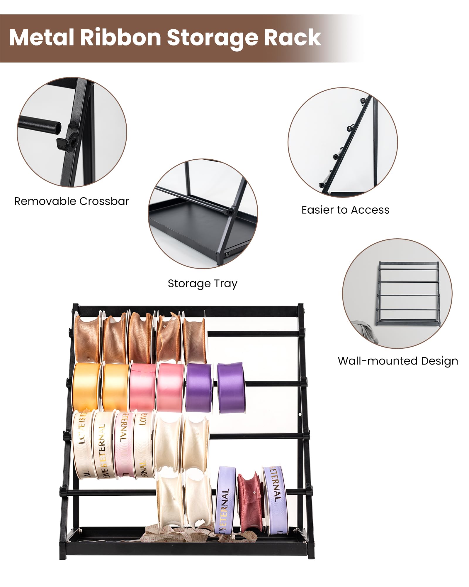 ZOMICE Ribbon Holder Organizer Rack with Storage Tray, 4 Tier Ribbon Spool Holder Stand,Metal Sewing Organizer Display Shelf for Craft Room,Cake Shop,Flower Store(On the Table & Wall Mounted)