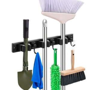 ya mi mop holder, broom holder, stainless steel wall hanging tool storage device with 3 hooks in 3 positions, suitable for home bathrooms, kitchens, and gardens