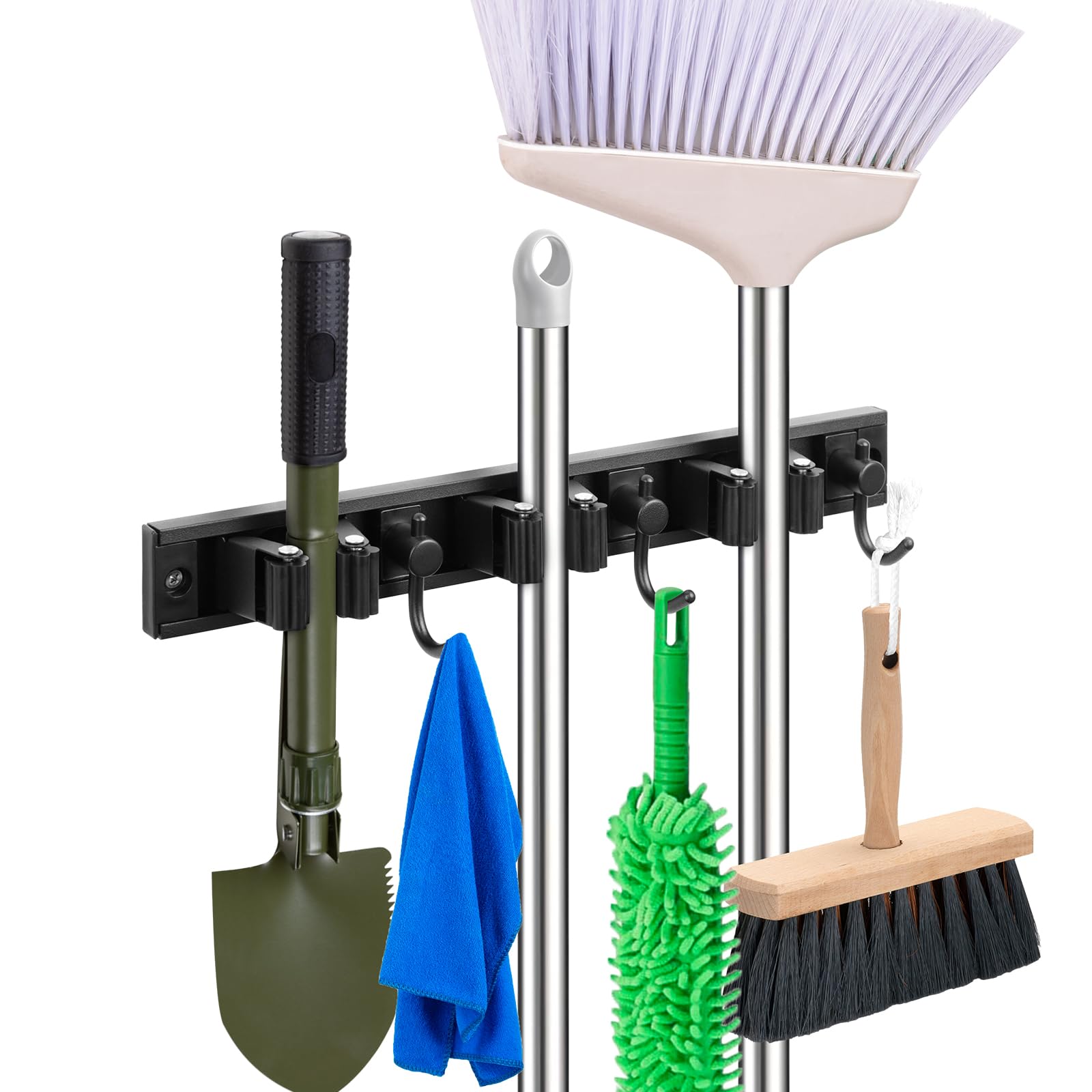 YA MI Mop holder, broom holder, stainless steel wall hanging tool storage device with 3 hooks in 3 positions, suitable for home bathrooms, kitchens, and gardens