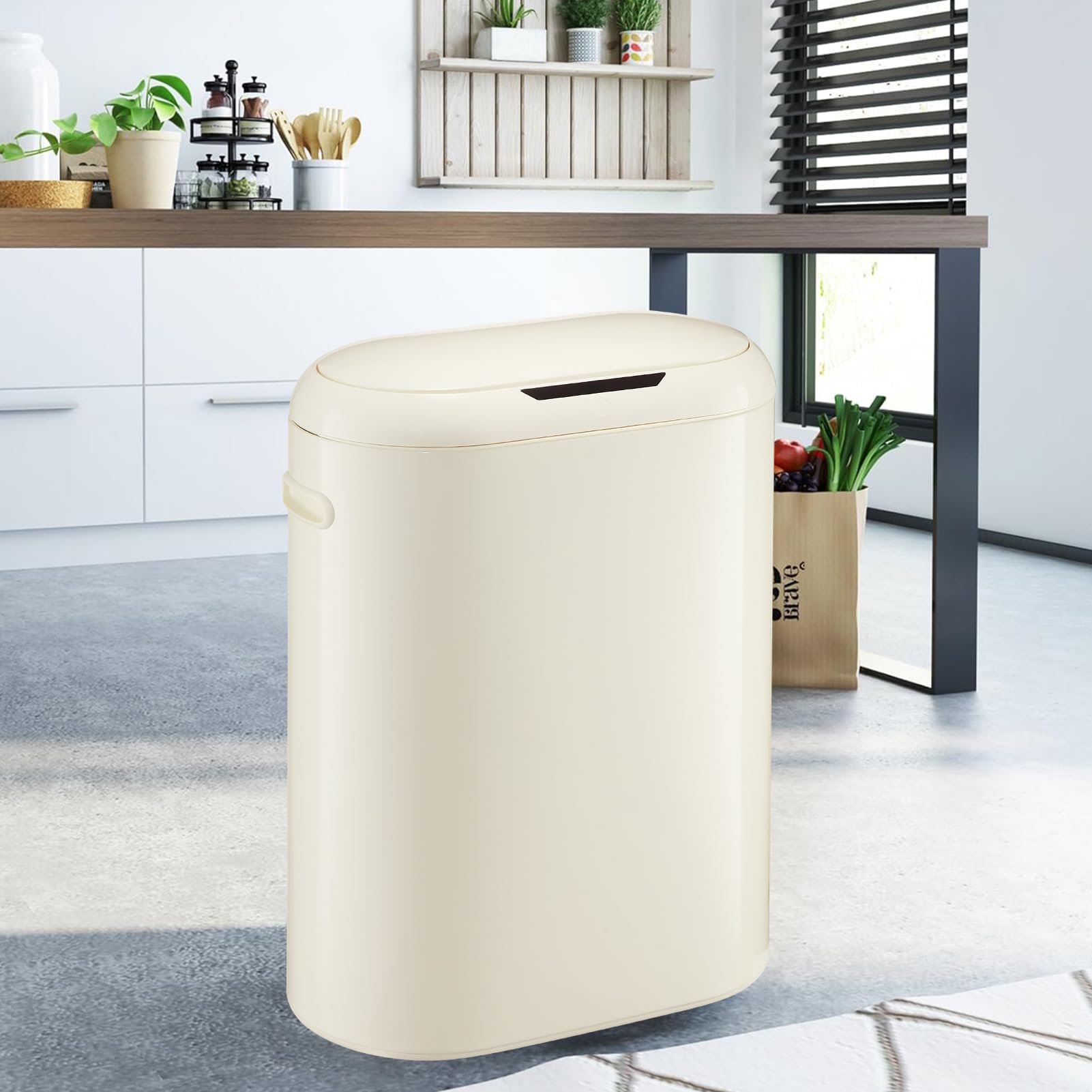 13 Gallon SensorCan, 50L Slim Automatic Touchless Motion Sensor Kitchen Trash Can with Soft Close Lid, Without Inner Bucket, Cream White