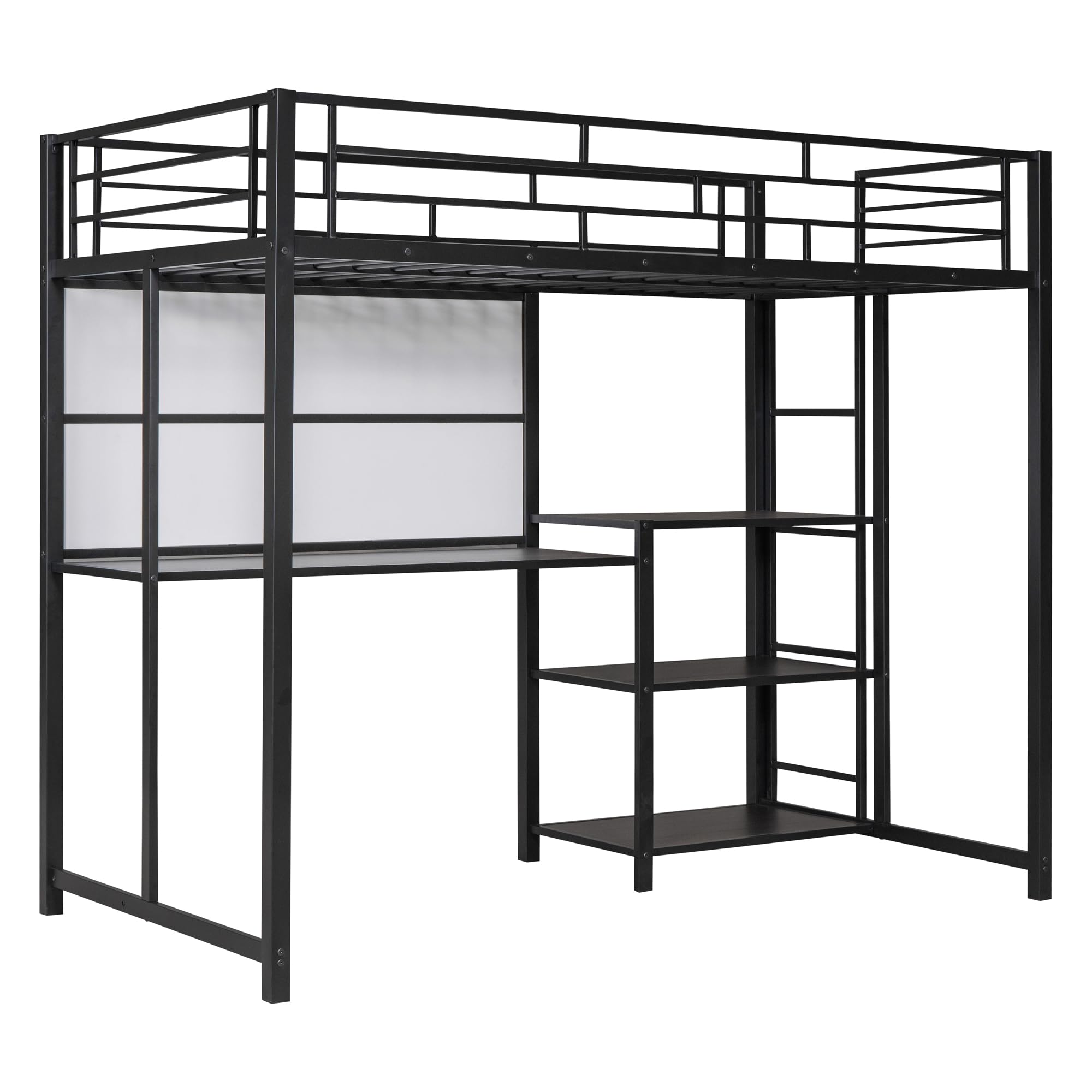 CABSETT Metal Loft Bed with Desk and Whiteboard, Twin Size Loft Bed with 3 Shelves and Ladder, Heavy-Duty Loft Bedframe for Kids Boys Girls Teens, Easy Assembly, Black