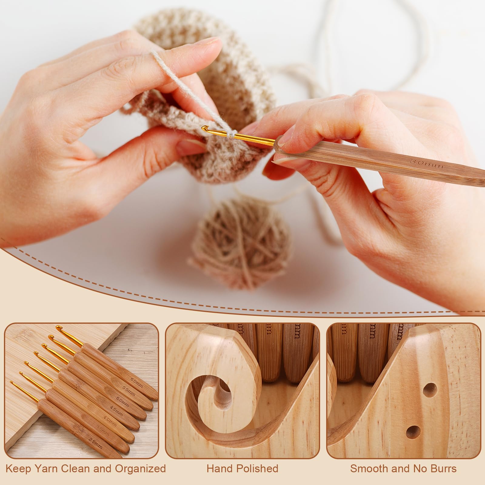 Wooden Yarn Bowl with 8Pcs Metal Crochet Hooks, Knitting Yarn Bowl with Holes Storage Handmade to Prevent Slipping, Perfect Yarn Holder Bowl for Crocheting and Knitting Mother's Day Gift 5" x 3"