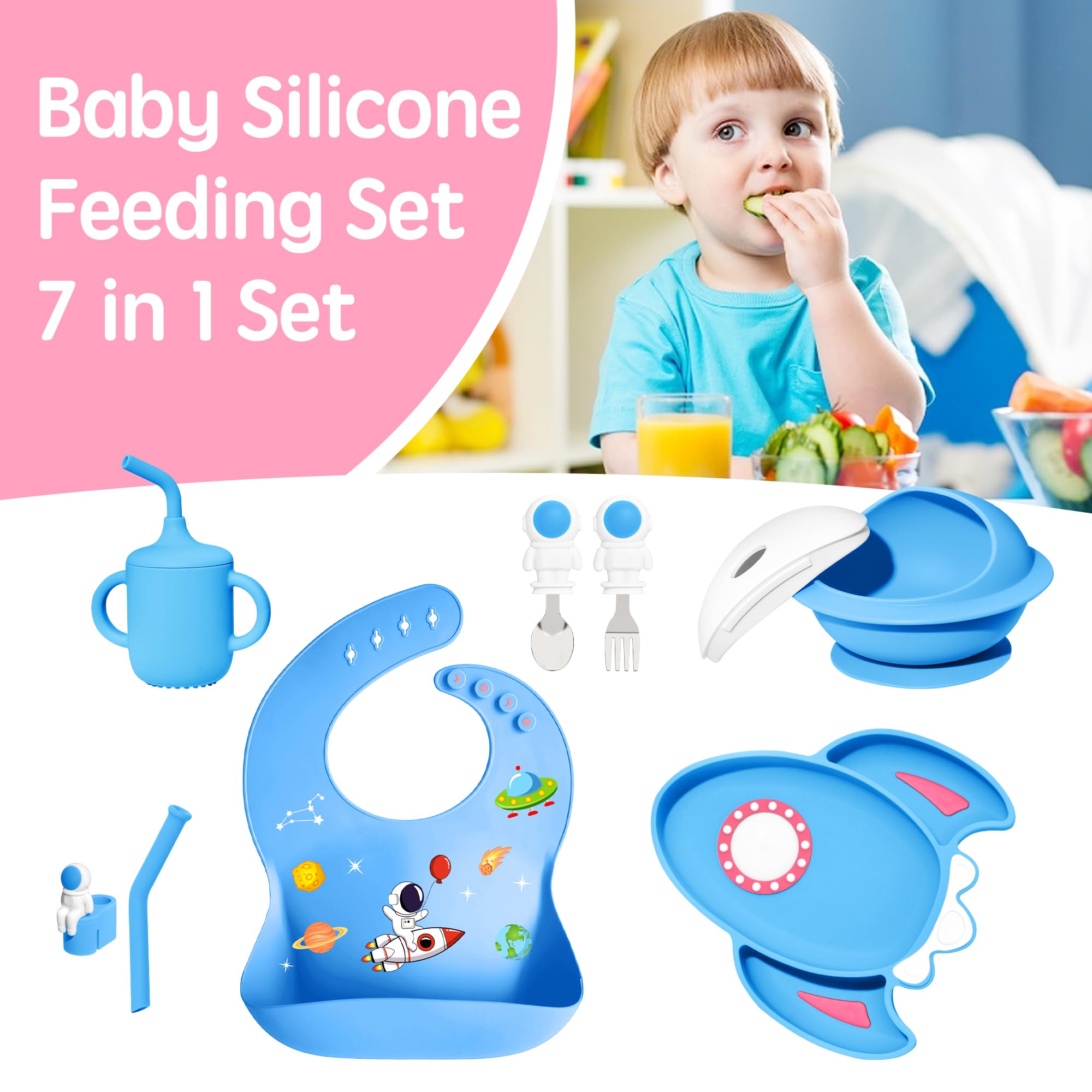 7 Pieces Silicone Baby Feeding Set, Food-Grade Astronaut Theme, Suction Plate and Bowl for Baby, Spoon, Fork, Bib, Cup, Straws, Baby Feeding Essentials for 6+ Months (Blue)