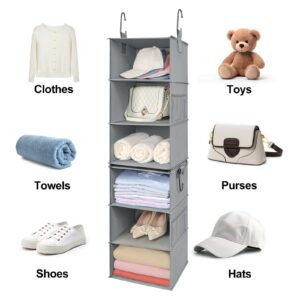 TOPIA HOME 6-Shelf Hanging Closet Organizer, Two Separable 3-Tier Heavy Duty Closet Organizer, Hanging Closet Shelves with Pockets for Clothes, Sweater, Shoe, Purse, Nursery, 12" Dx12 Wx48 H, Gray