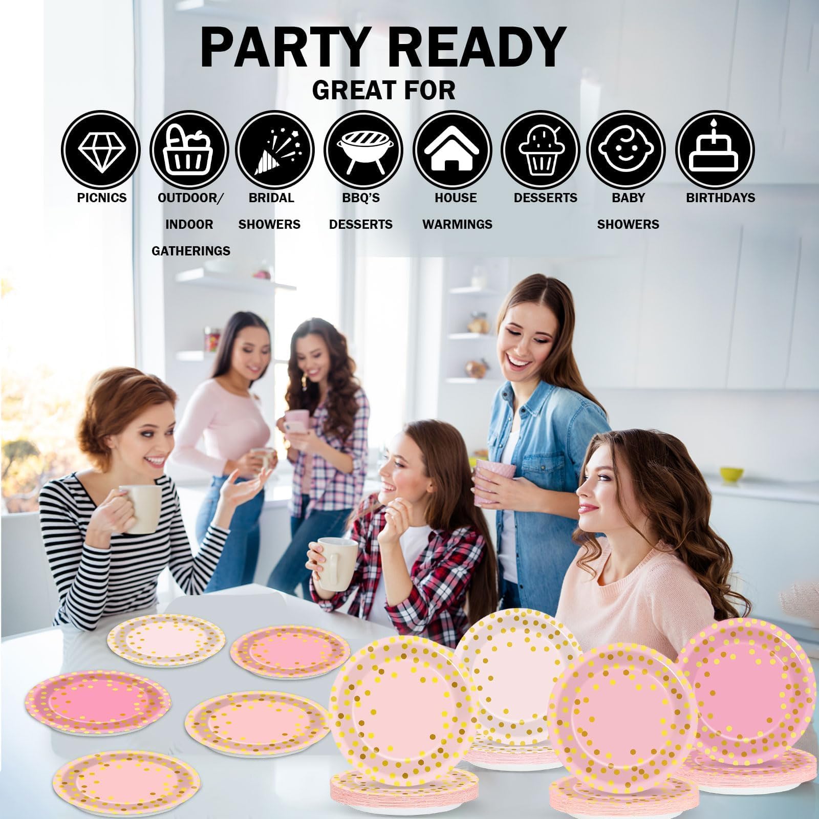 CHUNNIN 48 Pcs Pink and Gold Party Paper Plates Pink Party Supplies 7 In Gradient Pink Party Dinner Plates Pink Gold Party Disposable Plates for Birthday Wedding Baby Shower Bridal Party Decorations