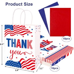 Veterans Day Gift Bags Patriotic Thank You Bags with Handles and Tissue Paper Red White Blue 4th of July Goodie Bags Paper Treat Goodie for Memorial Day Independence Day 16 Pcs