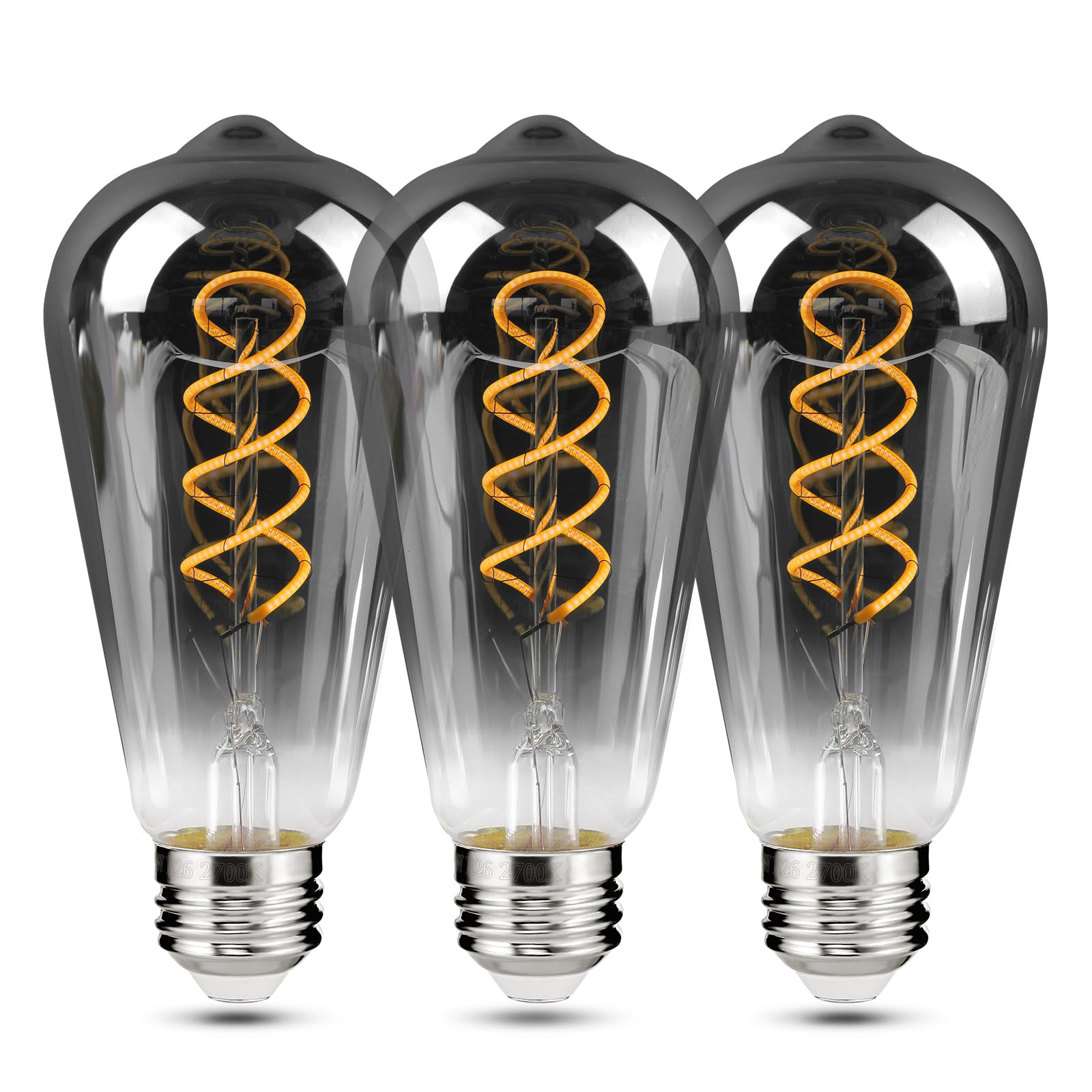 Decoaui E26 ST64 Vintage Edison Light Bulbs, Smoky Grey Coated Glass, Dimmable, 4W(20W Equivalent) 200 Lumin, 2700K Soft White, Spiral Filaments Design, Antique Style, 25000 Hrs, 3-Pack