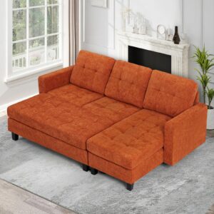 ACMEASE 84" Chenille Convertible Sectional Sofa w/Movable Ottoman Bench, 3 Seats L Shaped Couch w/Reversible Chaise Lounge,Modern Upholstered Sofa w/Tufted Cushions for Apartment, Living Room, Orange