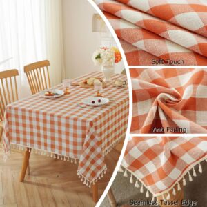 Alsoo Checkered Tablecloth Rectangle Cotton Linen Fabric Fall Gingham Table Cloth Heavy Duty Buffalo Plaid Table Cover with Tassel Washable for Kitchen Dining Holiday Party, Orange and White, 55X75''