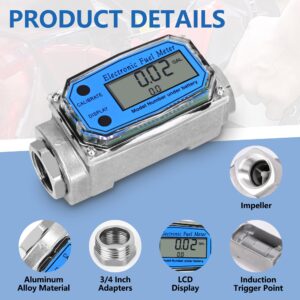 1" Turbine Fuel Flow Meter, 2.6-26 GPM Inline NPT Thread Flowmeter with 3/4" Adapters,Digital Fuel Flow Meter,for Kerosene,Biodiesel, Light Chemicals- Supports Gallon, LTR, PT, QT