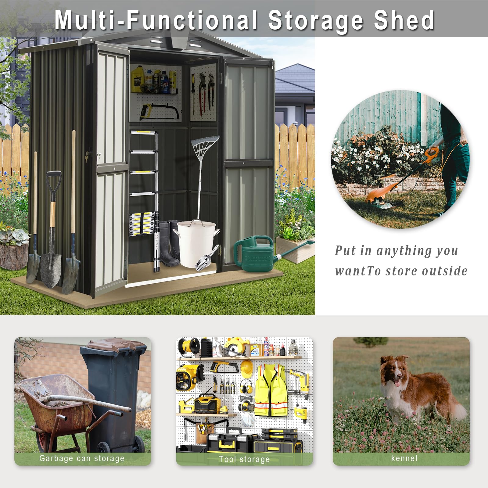 5.7x3 FT Outdoor Storage Shed, Lockable Galvanized Steel Garden Shed Storage Cabinet, Metal Waterproof Tool Sheds for Backyard Garden Patio Lawn (Grey, 5.7x3 ft)