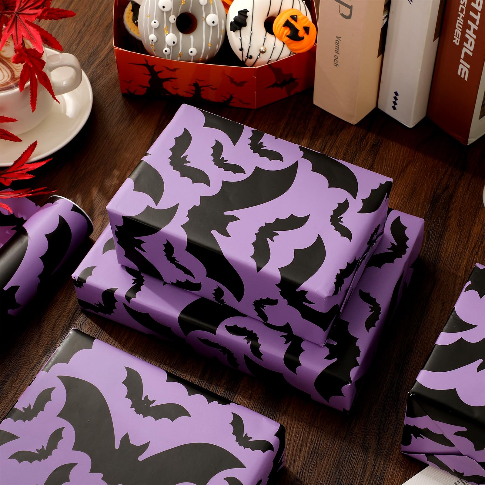 JarThenaAMCS Halloween Wrapping Paper - Mini Roll - 17 In x 32.8 Ft Purple Black Bats Gift Wrap Paper for DIY Art Craft Halloween Birthday Party Supplies