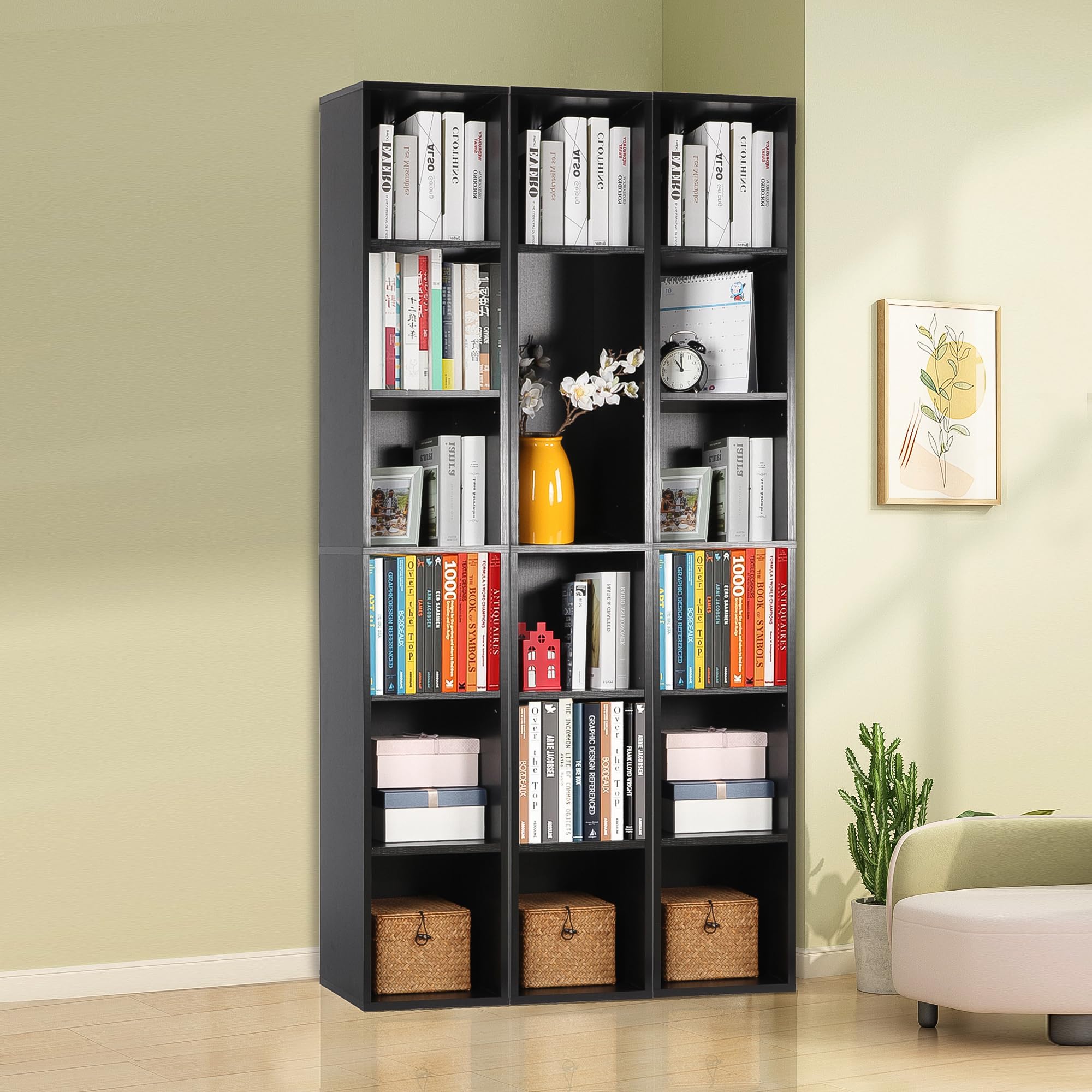 PACHIRA E-Commerce 71" H Tall Narrow Bookcase for Home Office Black, 6 Cubes Adjustable Book Shelf Display Rack Wooden Modern Corner Bookcase, 12" D x 12" W x 71" H