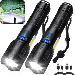 kmivo rechargeable led flashlights high lumens 2 pack, 900000 lumen super bright flashlight with usb cable, 7 modes powerful flashlight waterproof flash light for home emergencies camping