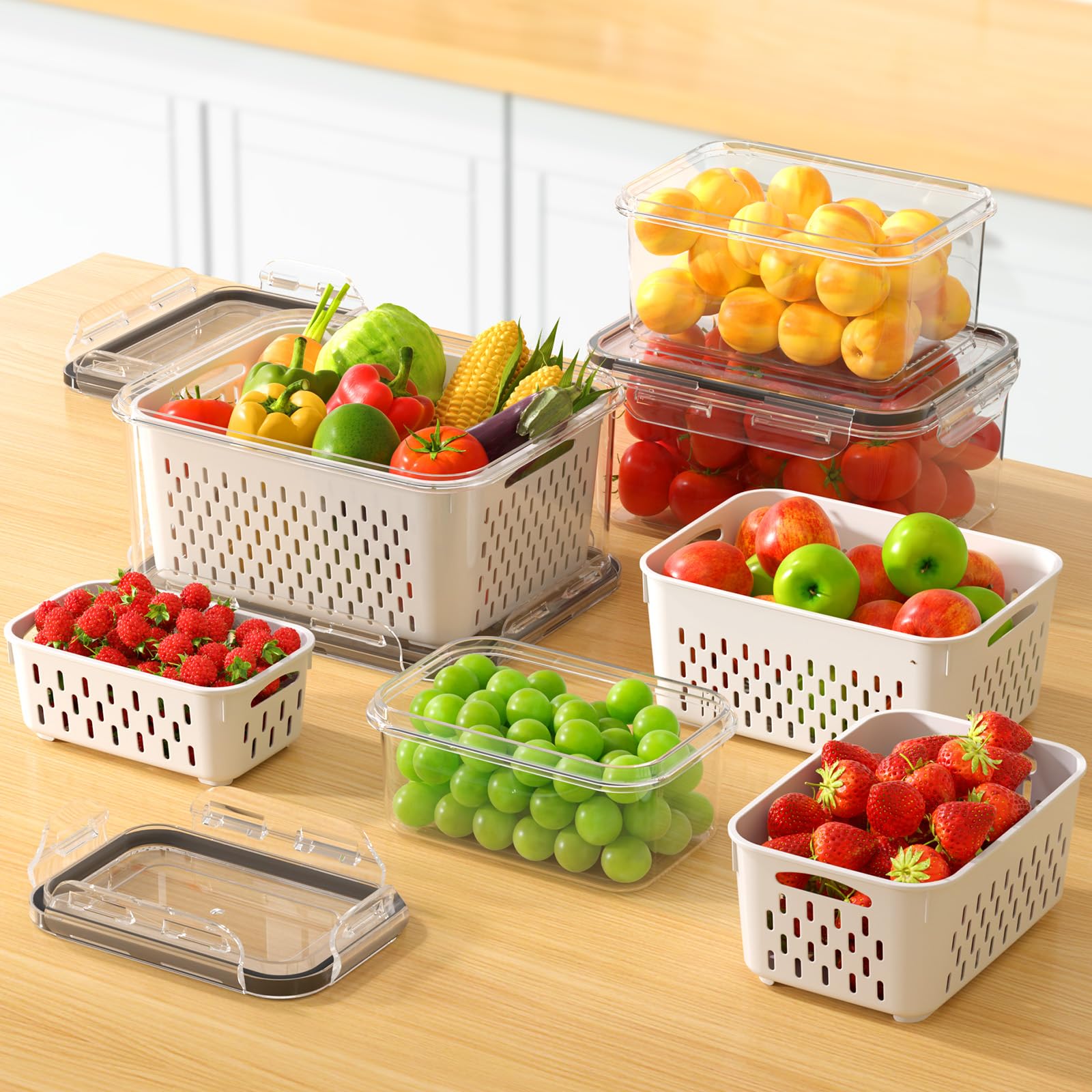 4 Pcs Large Fruit Storage Containers For Fridge, Airtight Food Storage Container with Removable Colanders, BPA-Free, Dishwasher & Microwave Safe, Keep Berry, Fruit, Vegetable, Meat Fresh Longer