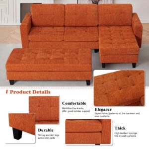 ACMEASE 84" Chenille Convertible Sectional Sofa w/Movable Ottoman Bench, 3 Seats L Shaped Couch w/Reversible Chaise Lounge,Modern Upholstered Sofa w/Tufted Cushions for Apartment, Living Room, Orange