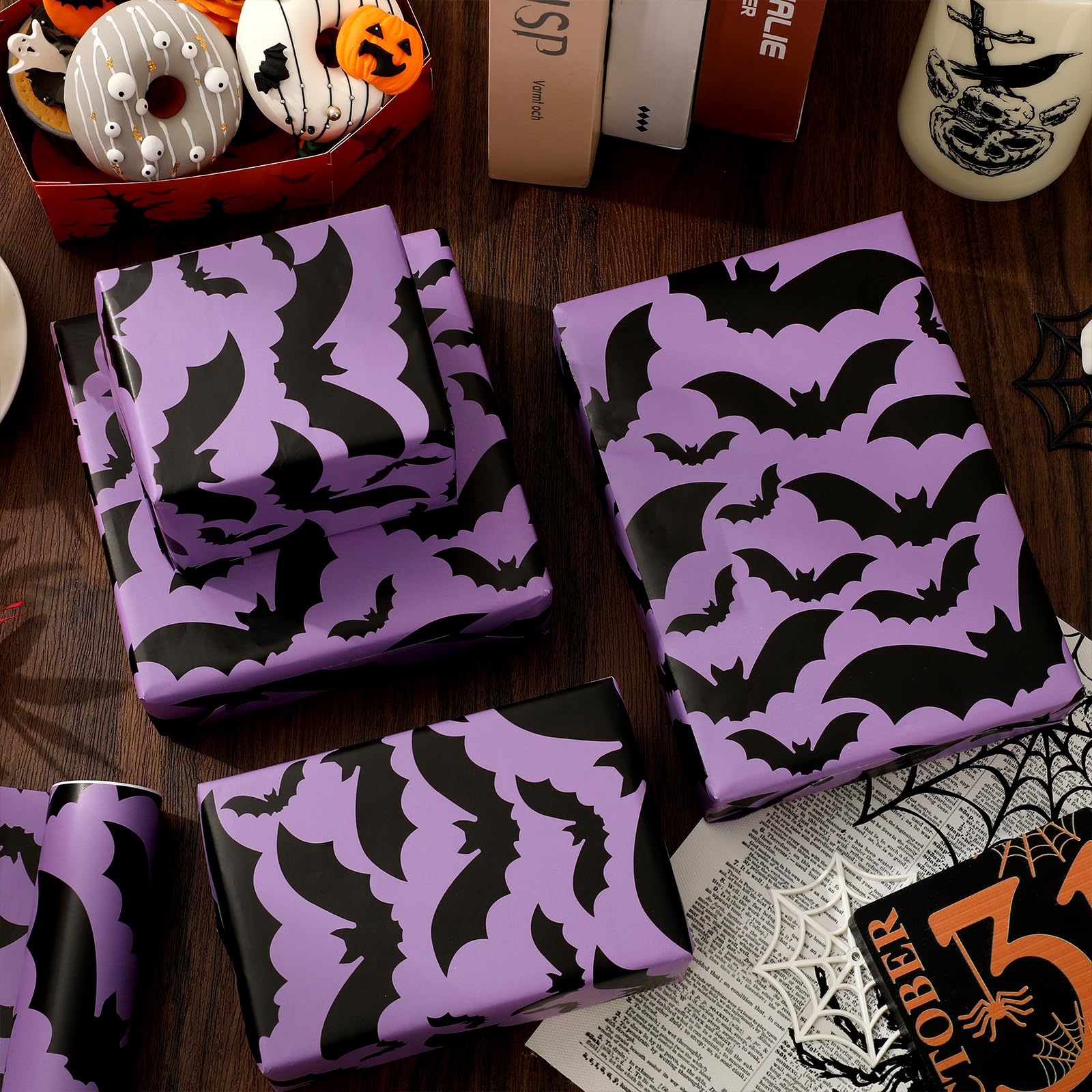 JarThenaAMCS Halloween Wrapping Paper - Mini Roll - 17 In x 32.8 Ft Purple Black Bats Gift Wrap Paper for DIY Art Craft Halloween Birthday Party Supplies