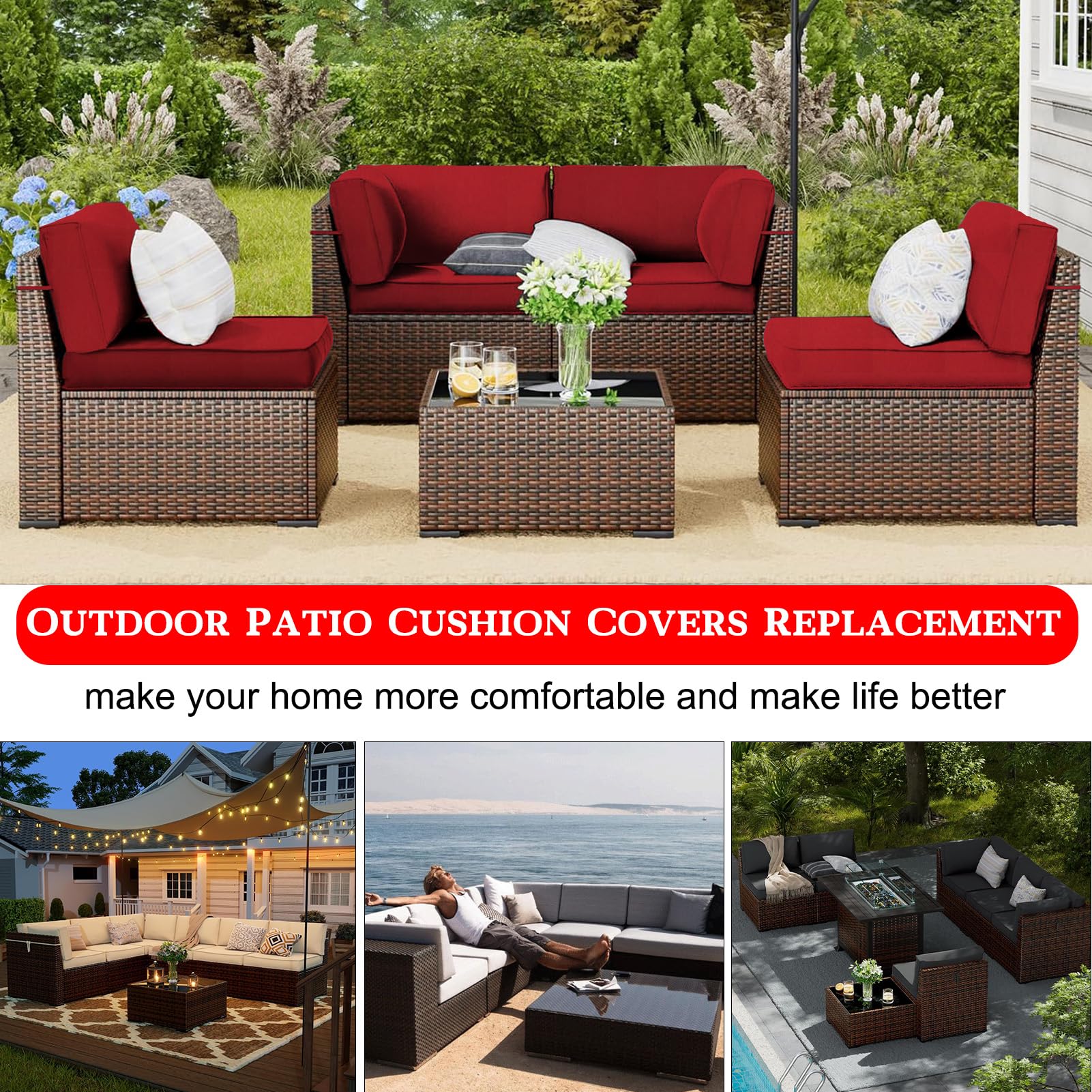 Outdoor Patio Cushion Covers Replacement, Waterproof Furniture Cushion Slipcovers with Zipper, Fit for Wicker Rattan Sectional Couch Chair Furniture Set (4, Red)