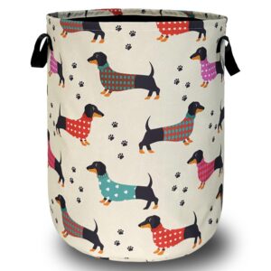 cute dachshunds laundry hamper with handles foldable oxford cloth dog paw print tote bag colorful laundry basket clothes toy storage bucket18.9" x 16.5" for bathroom/laundry/bedroom