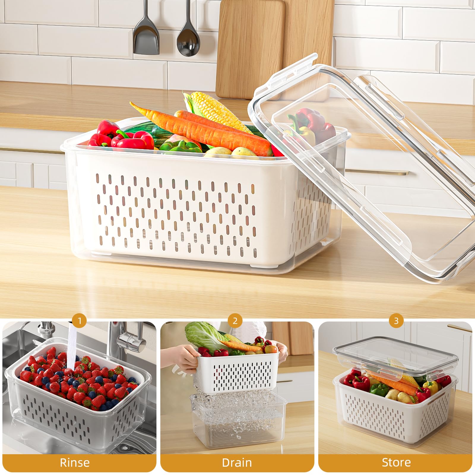 4 Pcs Large Fruit Storage Containers For Fridge, Airtight Food Storage Container with Removable Colanders, BPA-Free, Dishwasher & Microwave Safe, Keep Berry, Fruit, Vegetable, Meat Fresh Longer