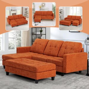 ACMEASE 84" Chenille Convertible Sectional Sofa w/Movable Ottoman Bench, 3 Seats L Shaped Couch w/Reversible Chaise Lounge,Modern Upholstered Sofa w/Tufted Cushions for Apartment, Living Room, Orange