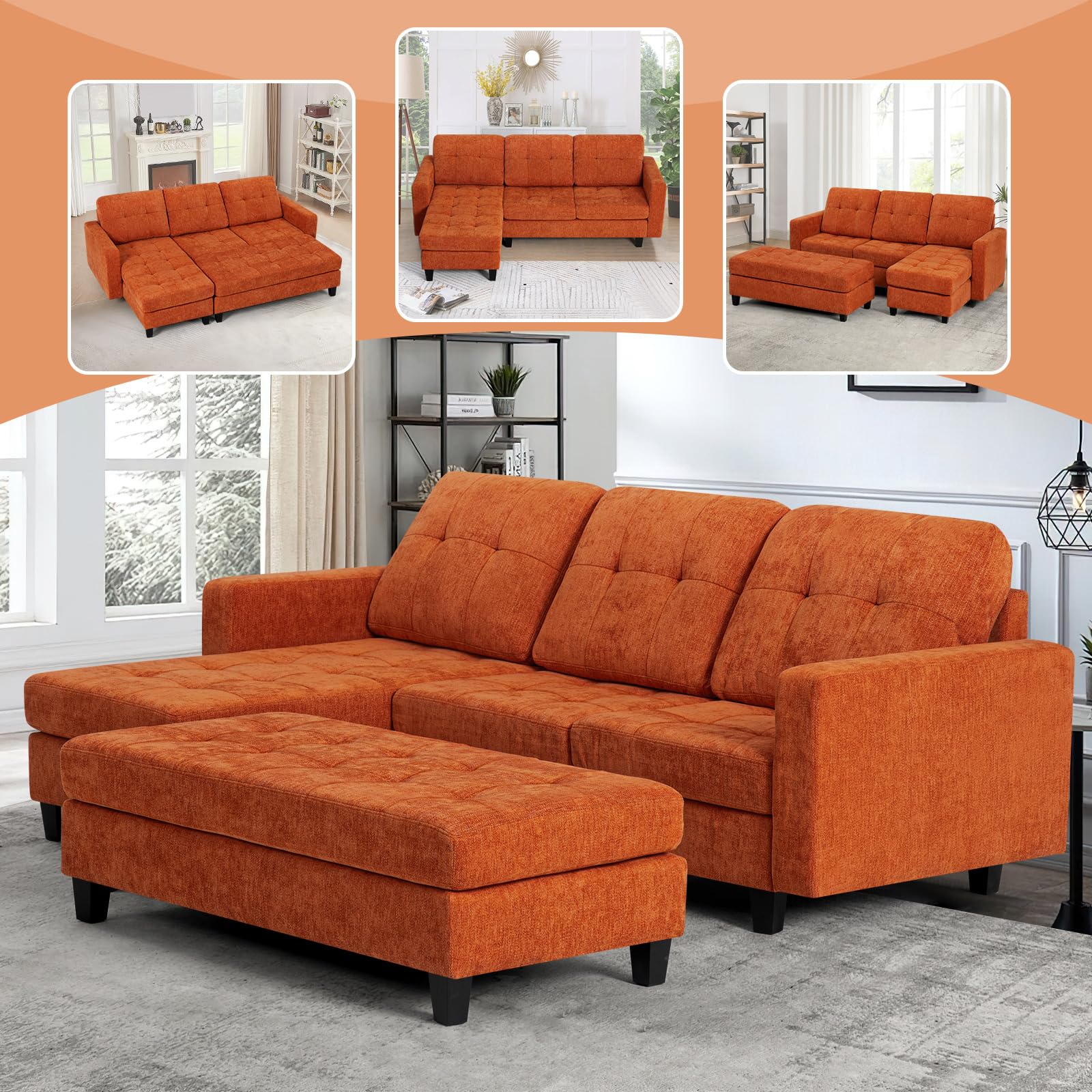 ACMEASE 84" Chenille Convertible Sectional Sofa w/Movable Ottoman Bench, 3 Seats L Shaped Couch w/Reversible Chaise Lounge,Modern Upholstered Sofa w/Tufted Cushions for Apartment, Living Room, Orange