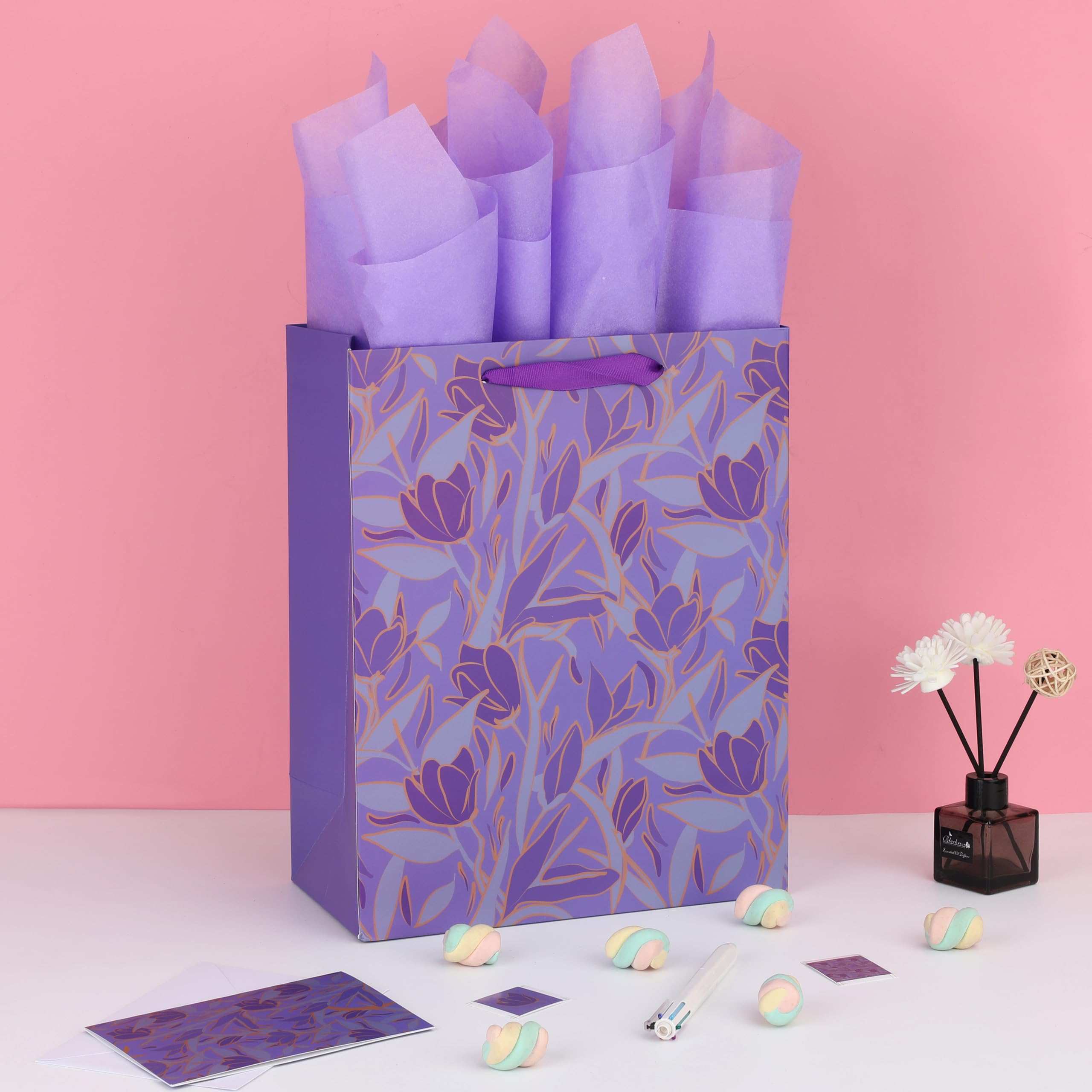 Qirrmiy 13” Large Purple Gift Bag Set with Greeting Card and Tissue Paper (Purple Flowers Design) for Celebrating Birthdays, Mother's Day, Weddings, Anniversaries - 10.2”x5.2”x13”, 1 Pcs.