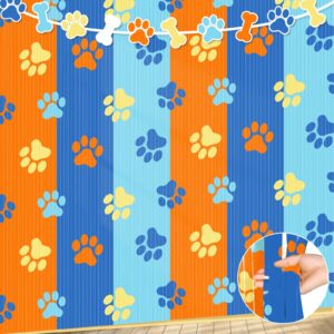 wovweave 2 packs blue dog fringe curtains 3.3 x 6.6 ft dog paw foil fringe backdrop orange blue and light blue tinsel streamers for blue dog themed baby shower birthday party supplies decorations