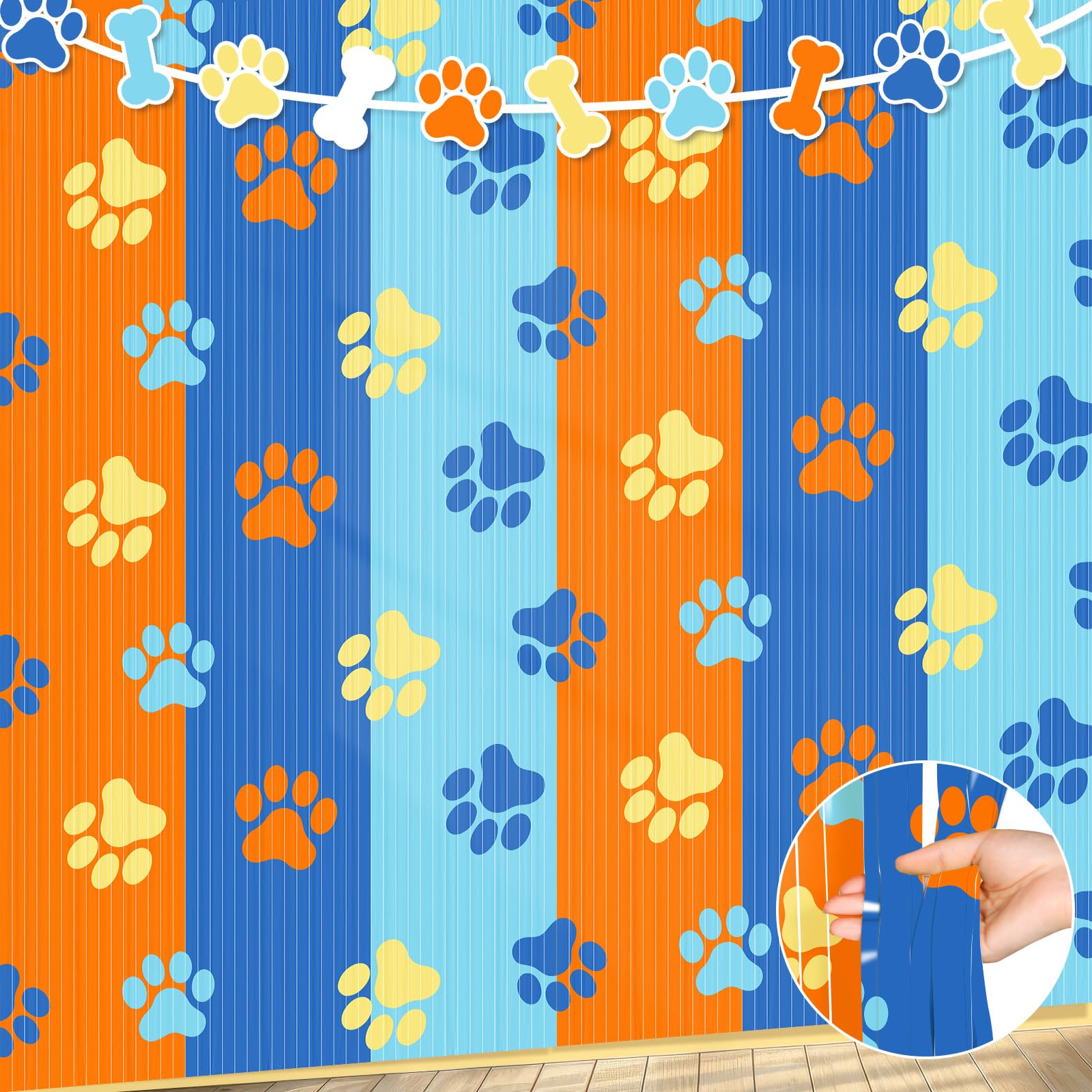 WovWeave 2 Packs Blue Dog Fringe Curtains 3.3 x 6.6 Ft Dog Paw Foil Fringe Backdrop Orange Blue and Light Blue Tinsel Streamers for Blue Dog Themed Baby Shower Birthday Party Supplies Decorations