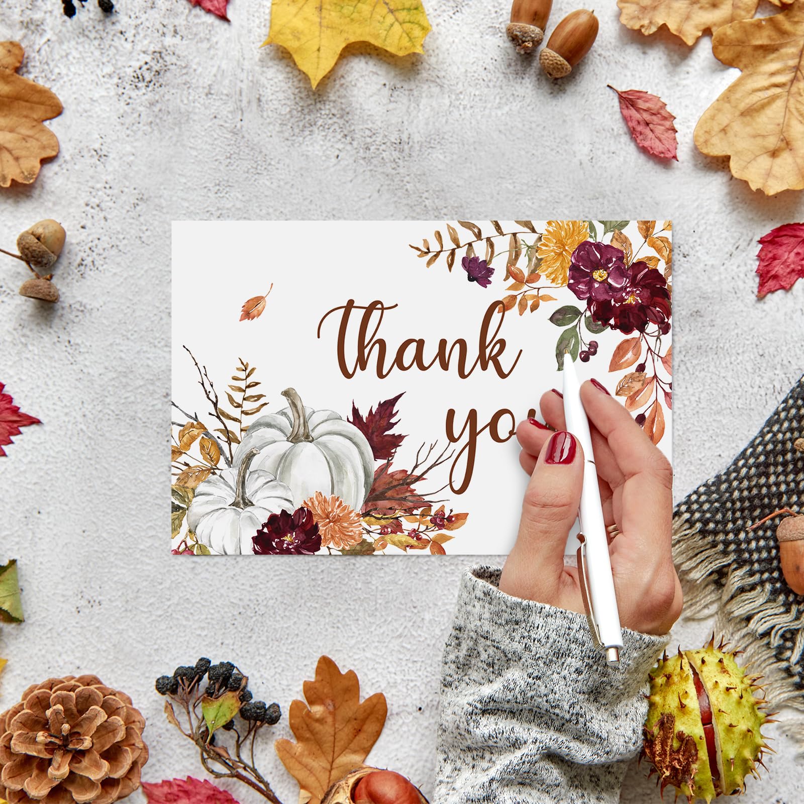 Whaline 36 Pack Fall Thank You Card Watercolor Floral Pumpkin Leaves Greeting Cards with Envelope Sticker Blank Note Cards for Autumn Thanksgiving Wedding, 4 x 6 Inch