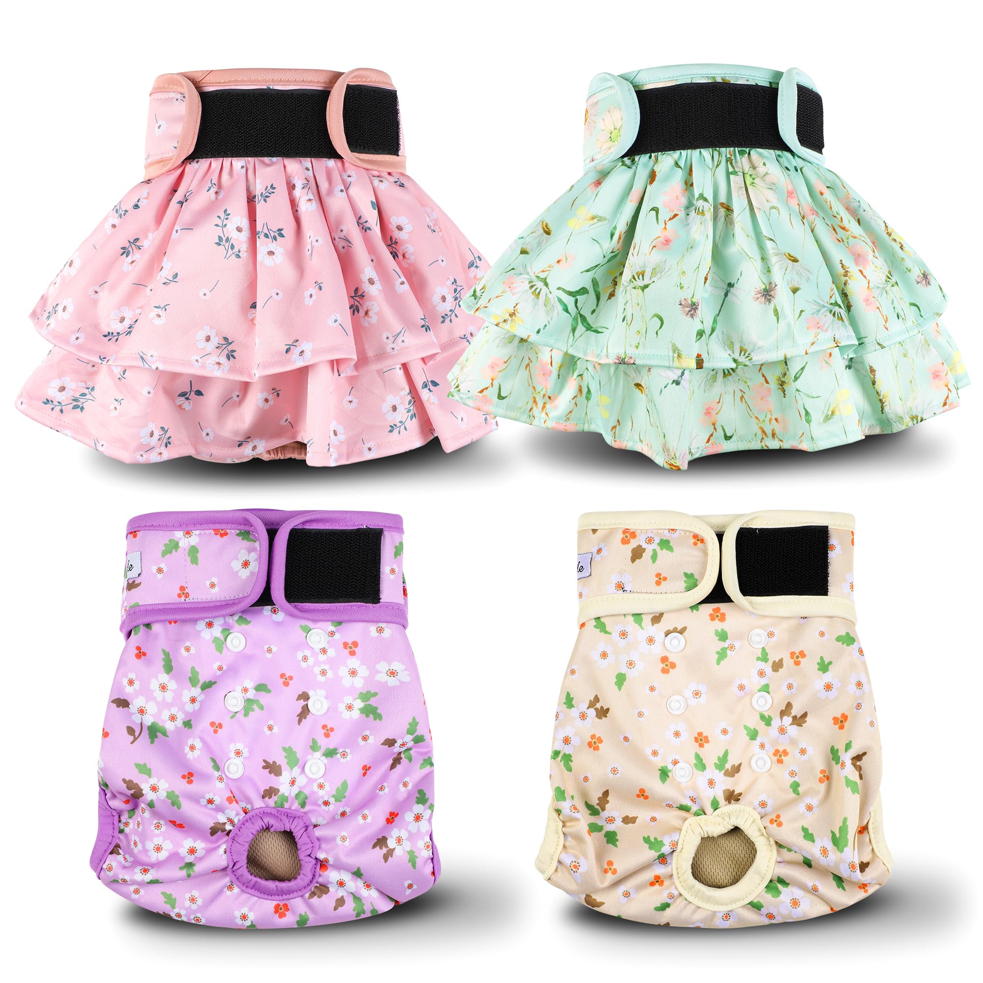 Washable Female Dog Diapers Skirt(4 Pack) - Reusable Doggie Diapers with Adjustable Snaps, High Absorbency Leak-Proof Puppy Diapers for Female Dog in Heat, Period, Incontinence XL