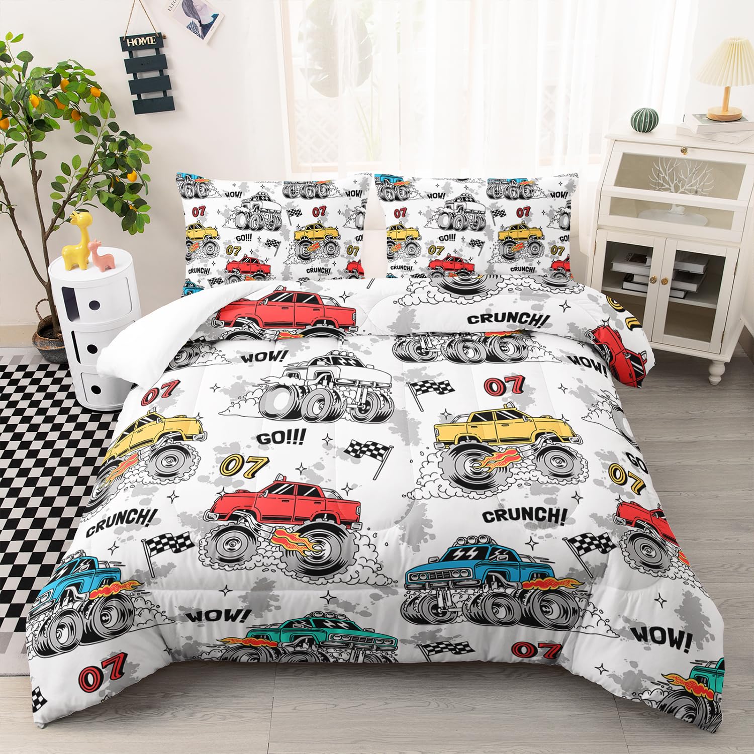 AILONEN Monster Trucks White Comforter Set Twin Size, Cartoon Truck Car Printed Bedding Set for Kids,Boys,Extreme Sports Duvet Set,3-Piece, 1 Quilt and 2 Pillowcases